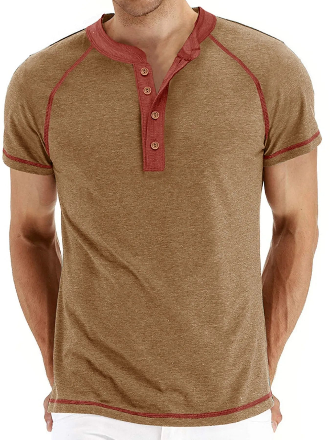 Men's Casual Henley Polo T-Shirt with Contrast Stitching
