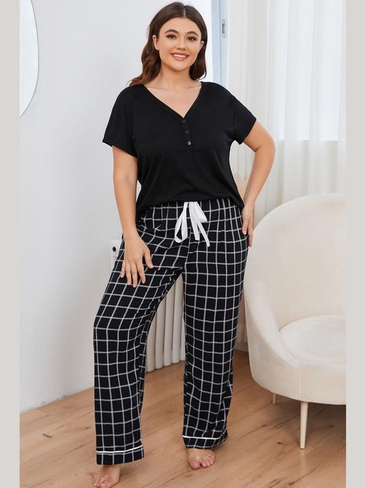 Plus Size V-Neck Top and Plaid Pants Lounge Set nicholesgifts