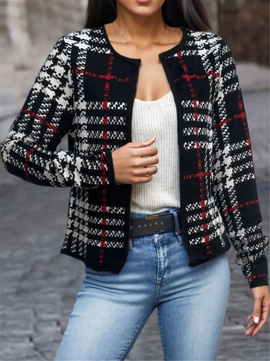 Women Plaid Open Front Long Sleeve Black Jacket