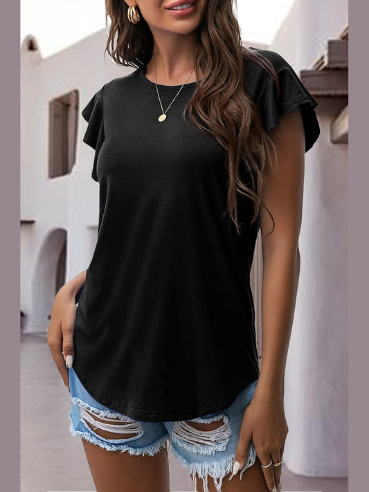 Women Ruffled Round Neck black blouse with cap sleeves, soft fabric, and ruffled detailing on shoulders.