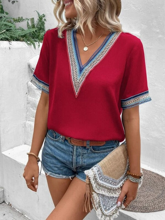 Full Size V-Neck Short Sleeve Blouse NicholesGifts