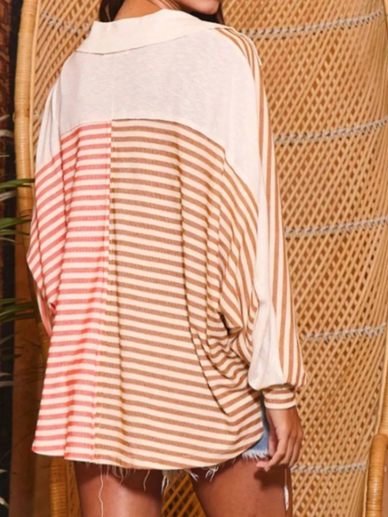 Striped Oversized Half Button Sweatshirt nicholesgifts