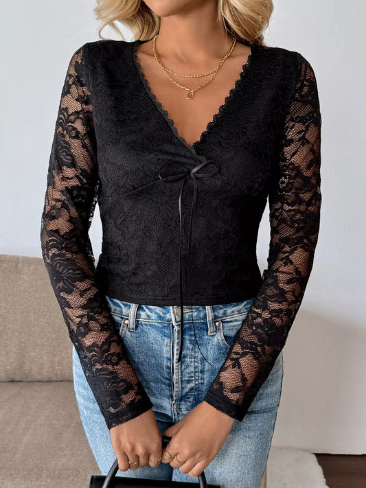 Lace V-Neck Long Sleeve Top Trendsi