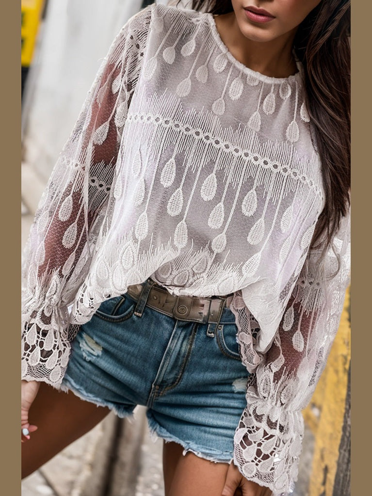 Round Neck Flounce Sleeve Lace Blouse