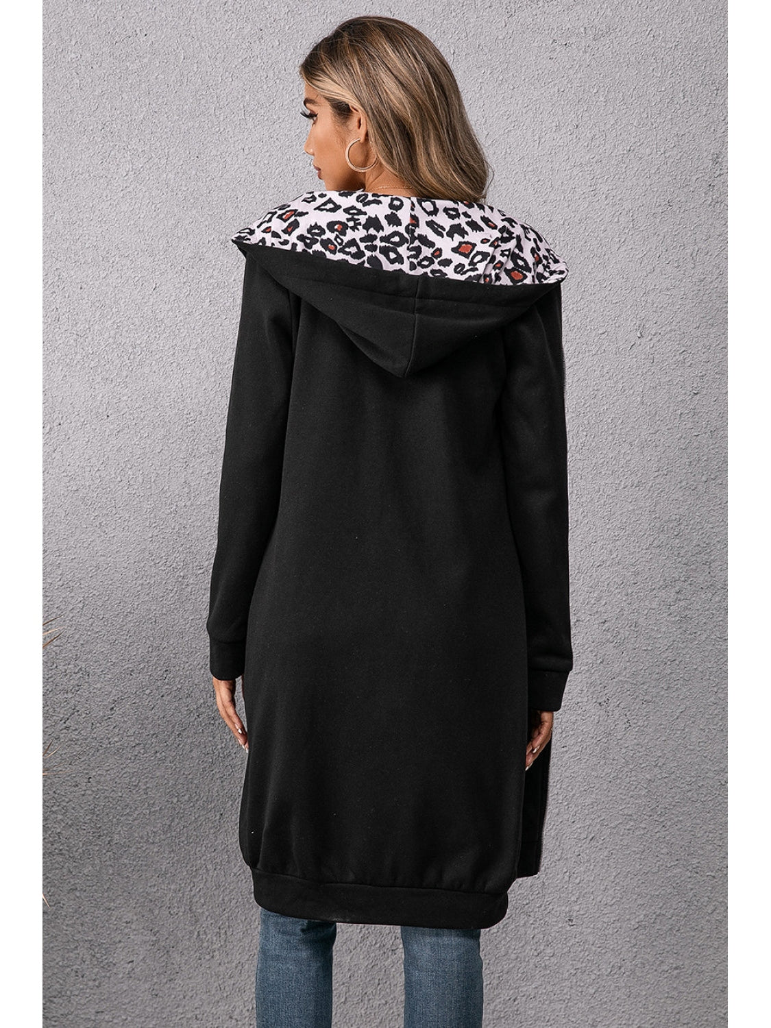 NicholesGifts Women Ivy Lane Leopard Spliced Drawstring Zip Up Hoodie Dress