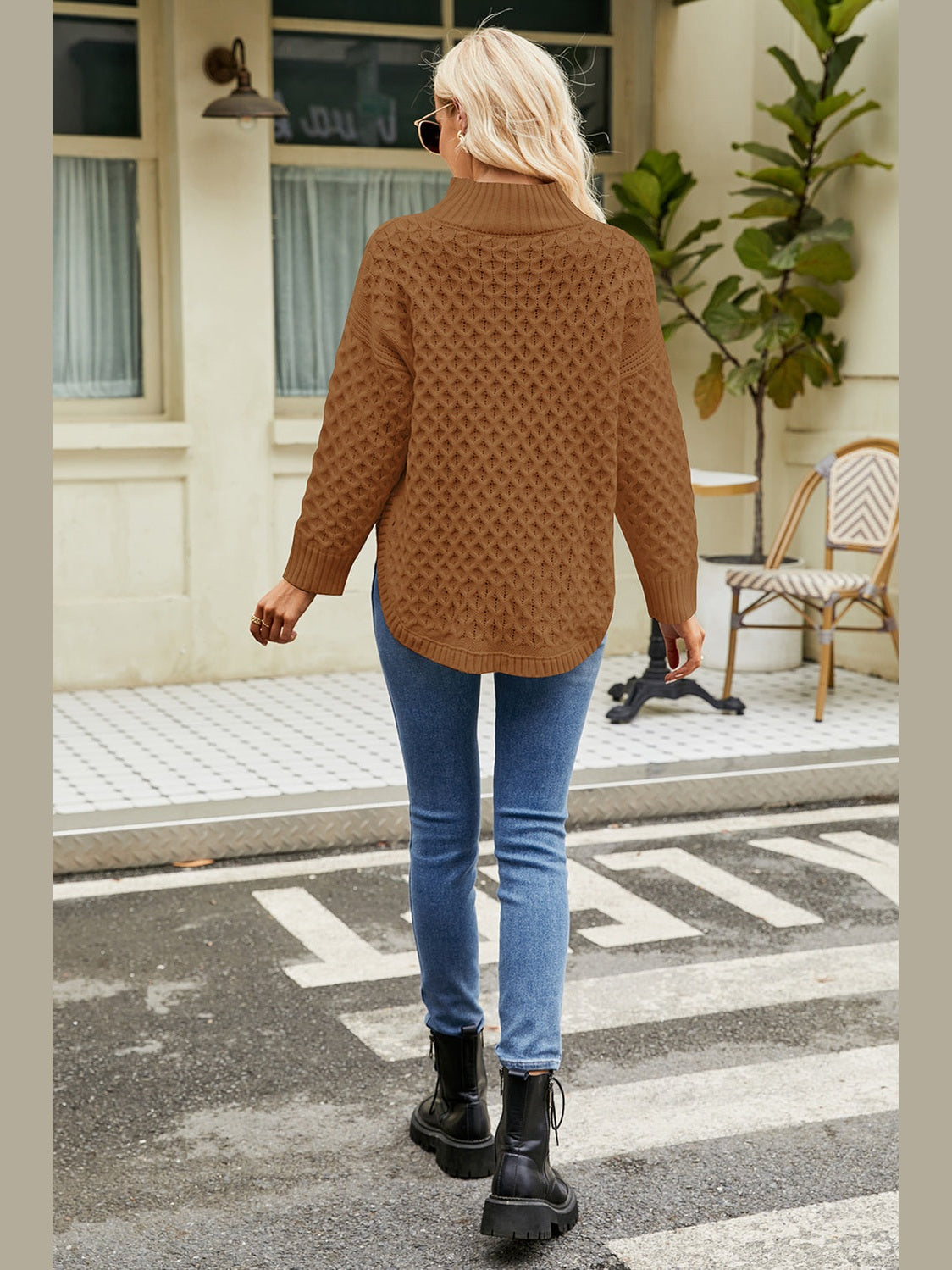 Slit Long Sleeve Mock Neck Sweater Trendsi