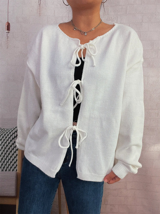Tie Front Drop Shoulder Cardigan Trendsi
