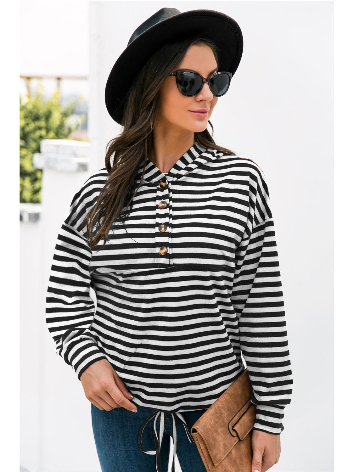 NicholesGifts Women Striped Half-Button Dropped Shoulder Hoodie nicholesgifts
