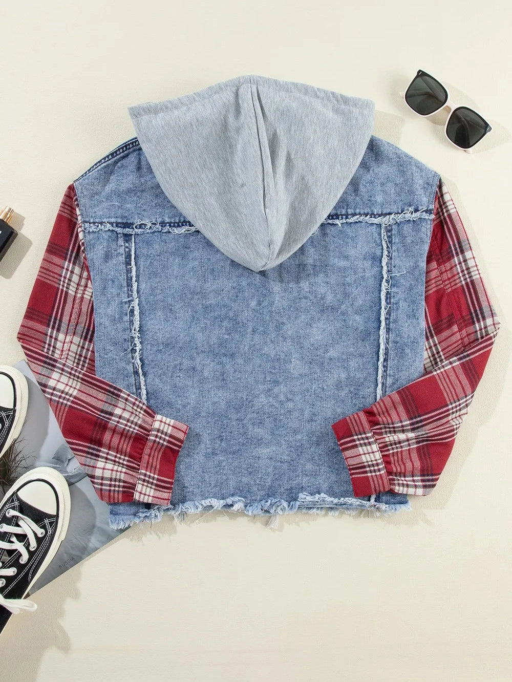 Raw Hem Drawstring Plaid Denim Jacket nicholesgifts