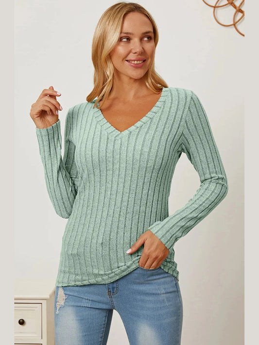 Basic Bae Full Size Ribbed V-Neck Long Sleeve T-Shirt nicholesgifts