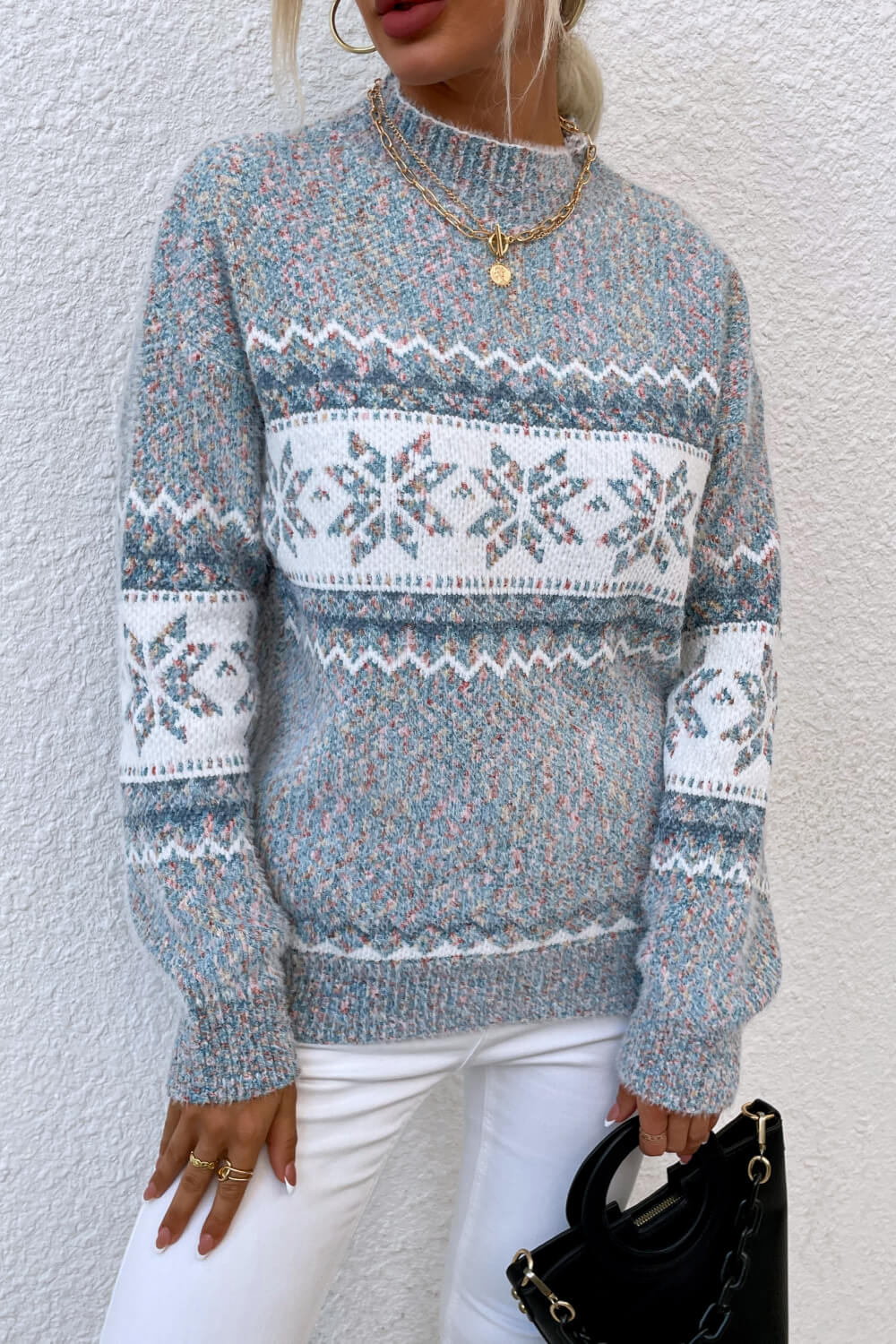 NicholesGifts Women Snowflake Pattern Mock Neck Sweater NicholesGifts