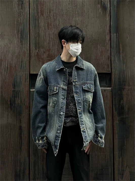 Men's Distressed Button Up Denim Jacket