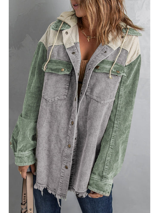 Casual snap front hooded corduroy shacket with drawstring pockets and raw hem in green and gray tones