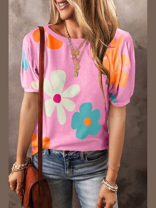 Flower Round Neck Short Sleeve Blouse