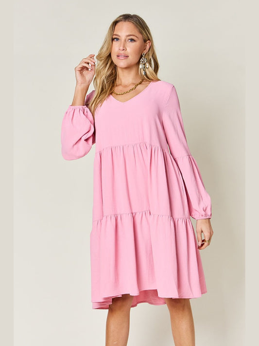 Double Take Full Size V-Neck Balloon Sleeve Tiered Dress