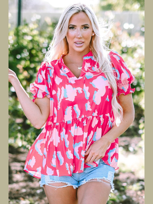 Peplum Printed Notched Short Sleeve Blouse