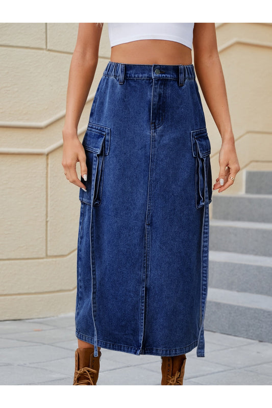 Women Slit Pocketed High Waist Denim Skirt