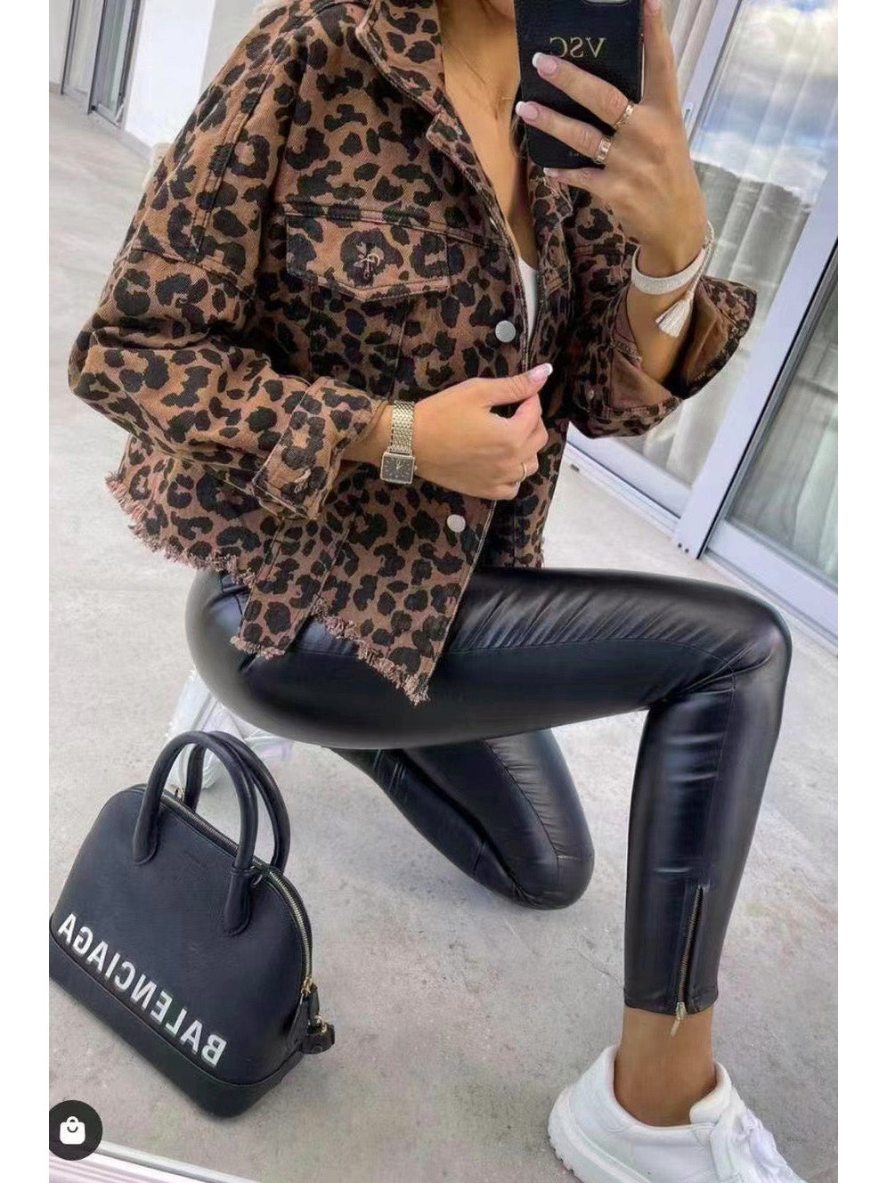 NicholesGifts Women Leopard Raw Hem Denim Jacket NicholesGifts