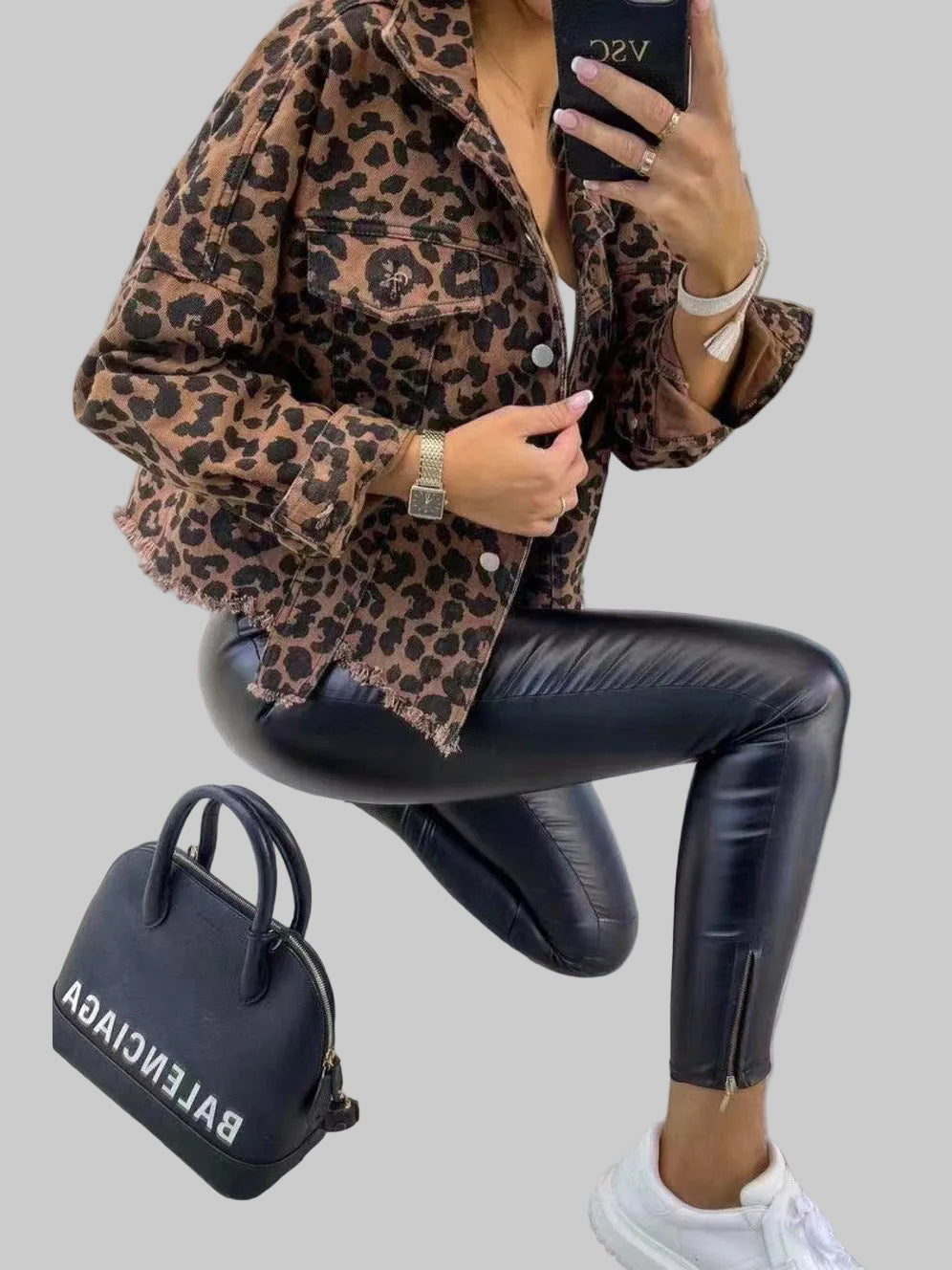 Women Leopard Raw Hem Denim Jacket nicholesgifts