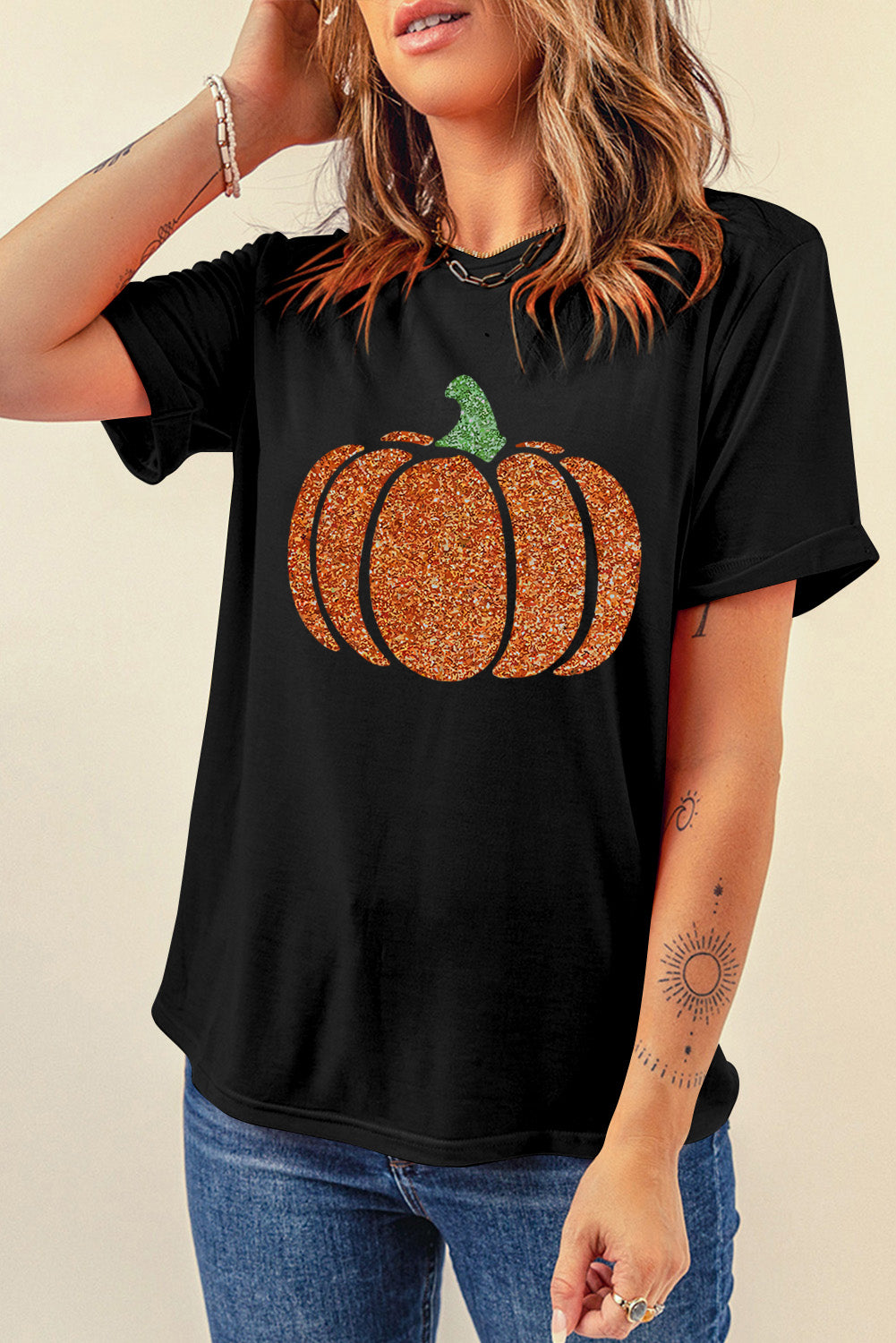 Glitter Pumpkin Round Neck Short Sleeve T-Shirt NicholesGifts