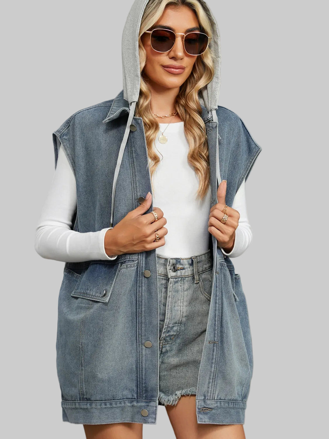 Removable Hood Button Up Cap Sleeve Denim Jacket nicholesgifts