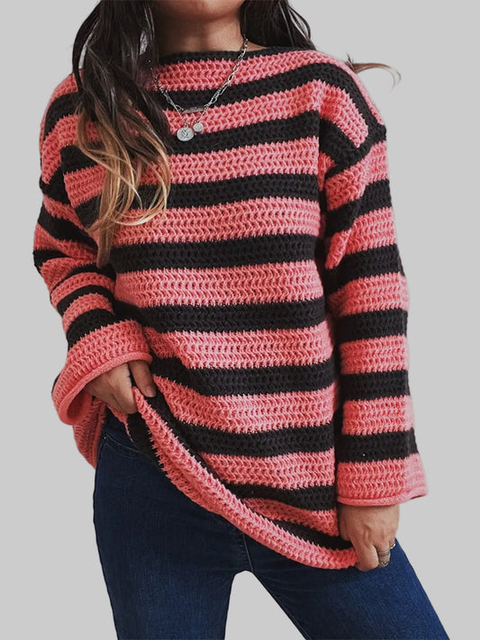 Women Striped Round Neck Long Sleeve Sweater nicholesgifts