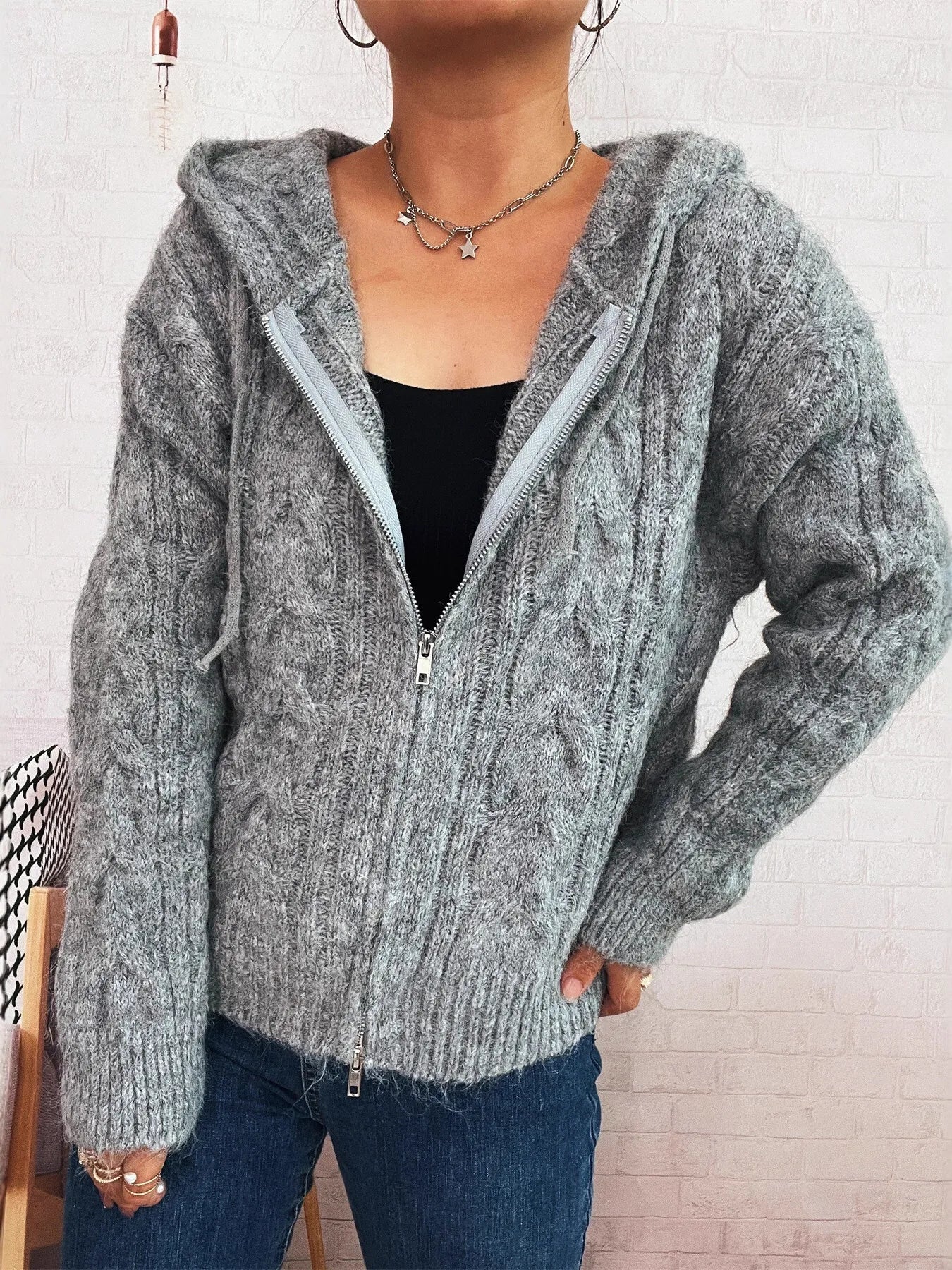 Cable Knit Hooded Zip-Up Cardigan