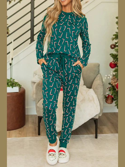 Candy Cane Print Round Neck Top and Pants Lounge Set NicholesGifts