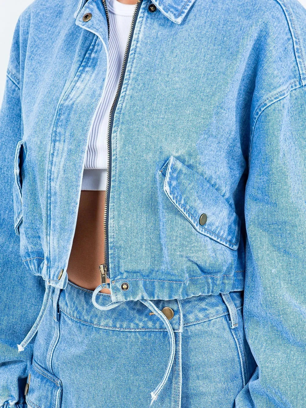 American Bazi Drawstring Waist Crop Denim Jacket