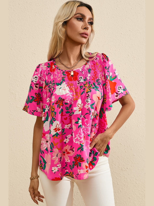 Smocked Printed Round Neck Half Sleeve Blouse NicholesGifts