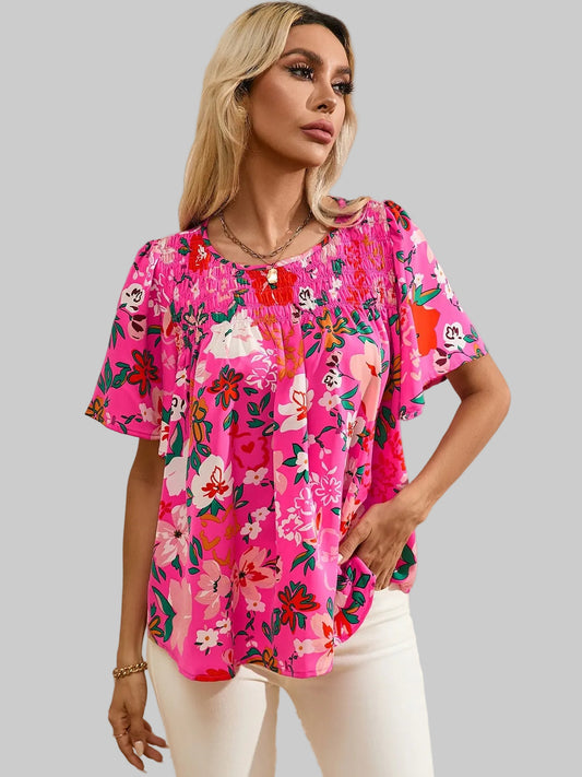 Smocked Printed Round Neck Half Sleeve Blouse nicholesgifts