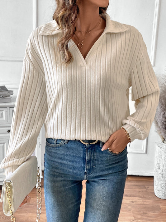 Ribbed Johnny Collar Long Sleeve T-Shirt NicholesGifts