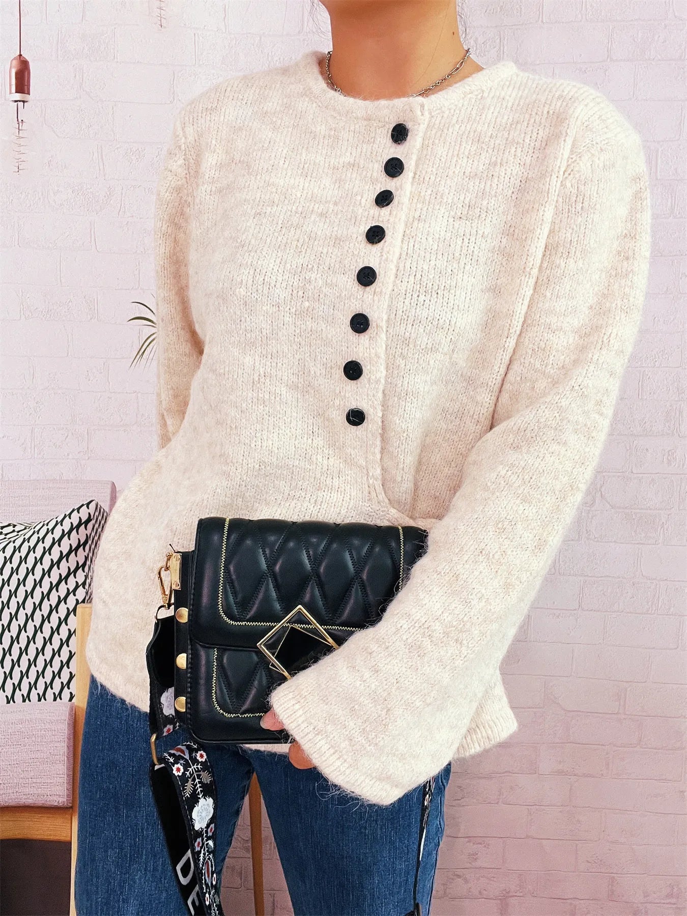 Button-Front Side-Tie Sweater