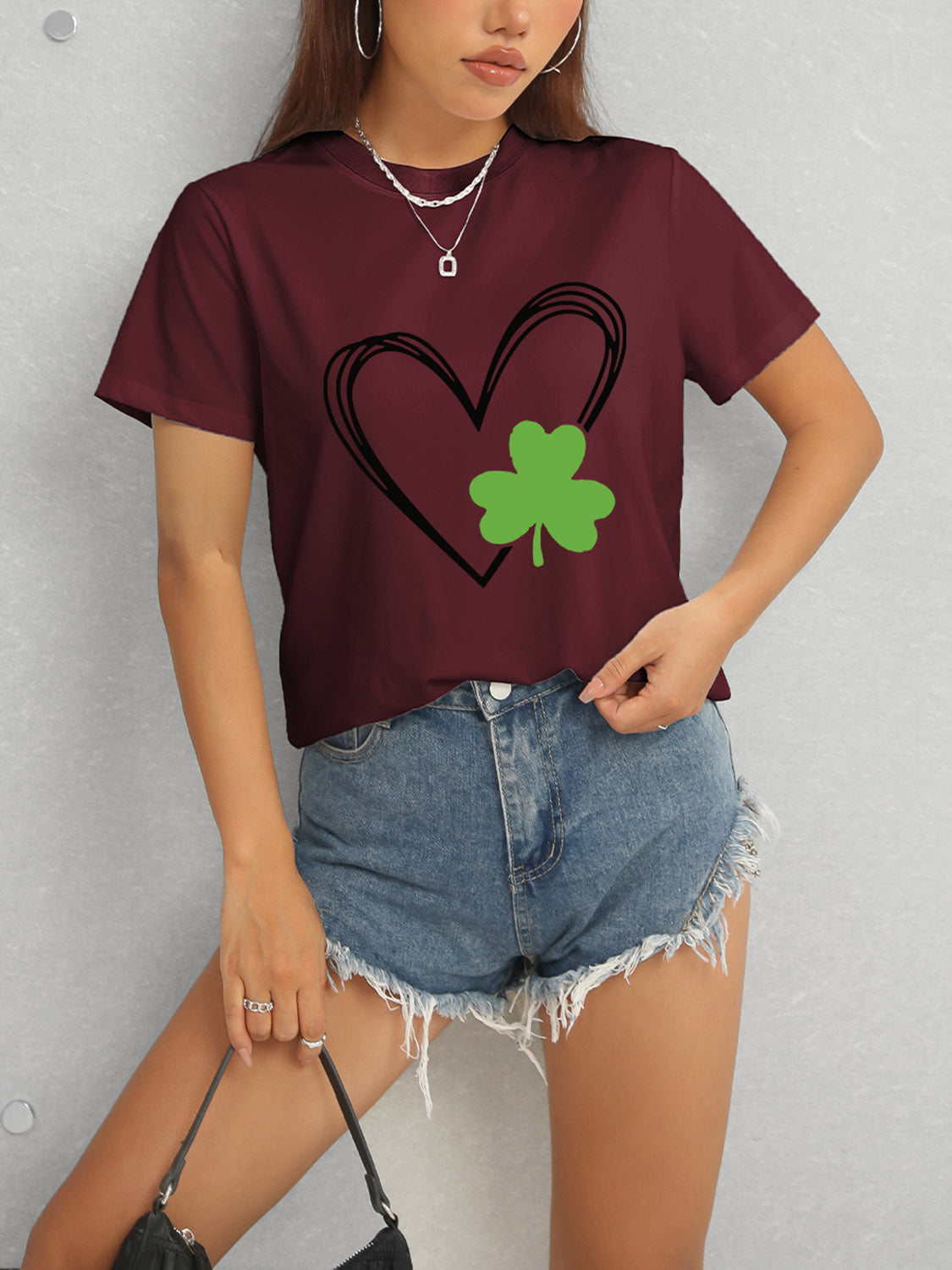 Women Heart Lucky Clover Short Sleeve T-Shirt