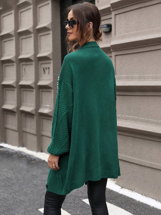 Women Pearl Detail Cable-Knit Button Up Cardigan