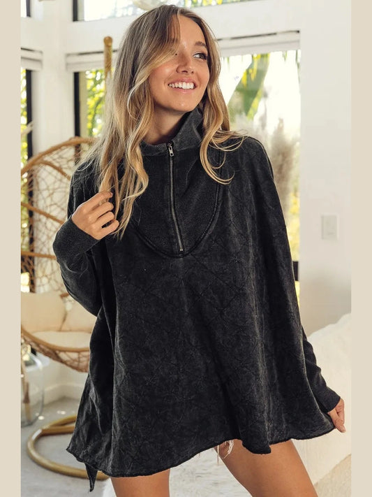 Women BiBi Vintage Washed Quilted Half Zip Long Sleeve Top NicholesGifts