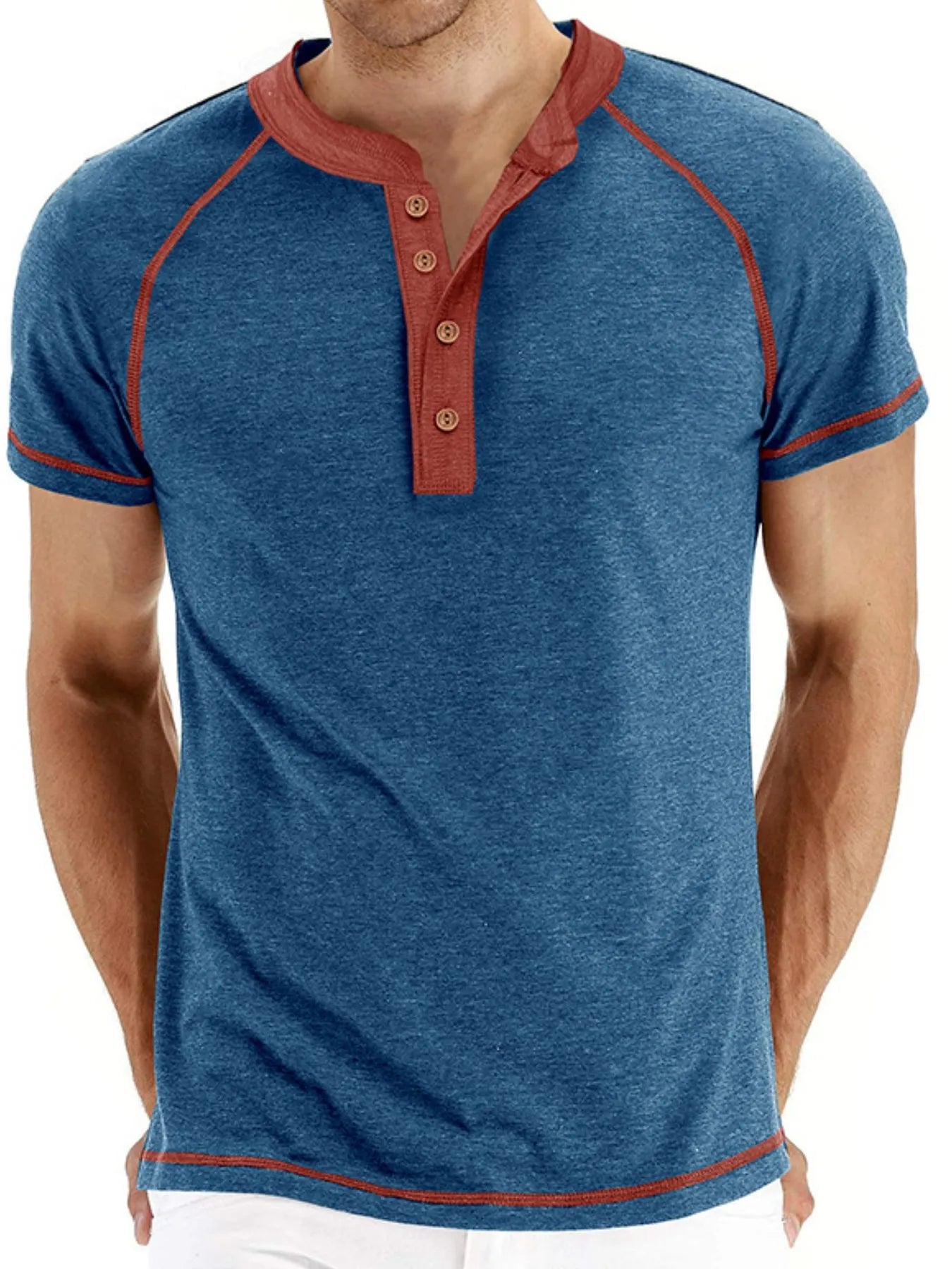 Men's Casual Henley Polo T-Shirt with Contrast Stitching