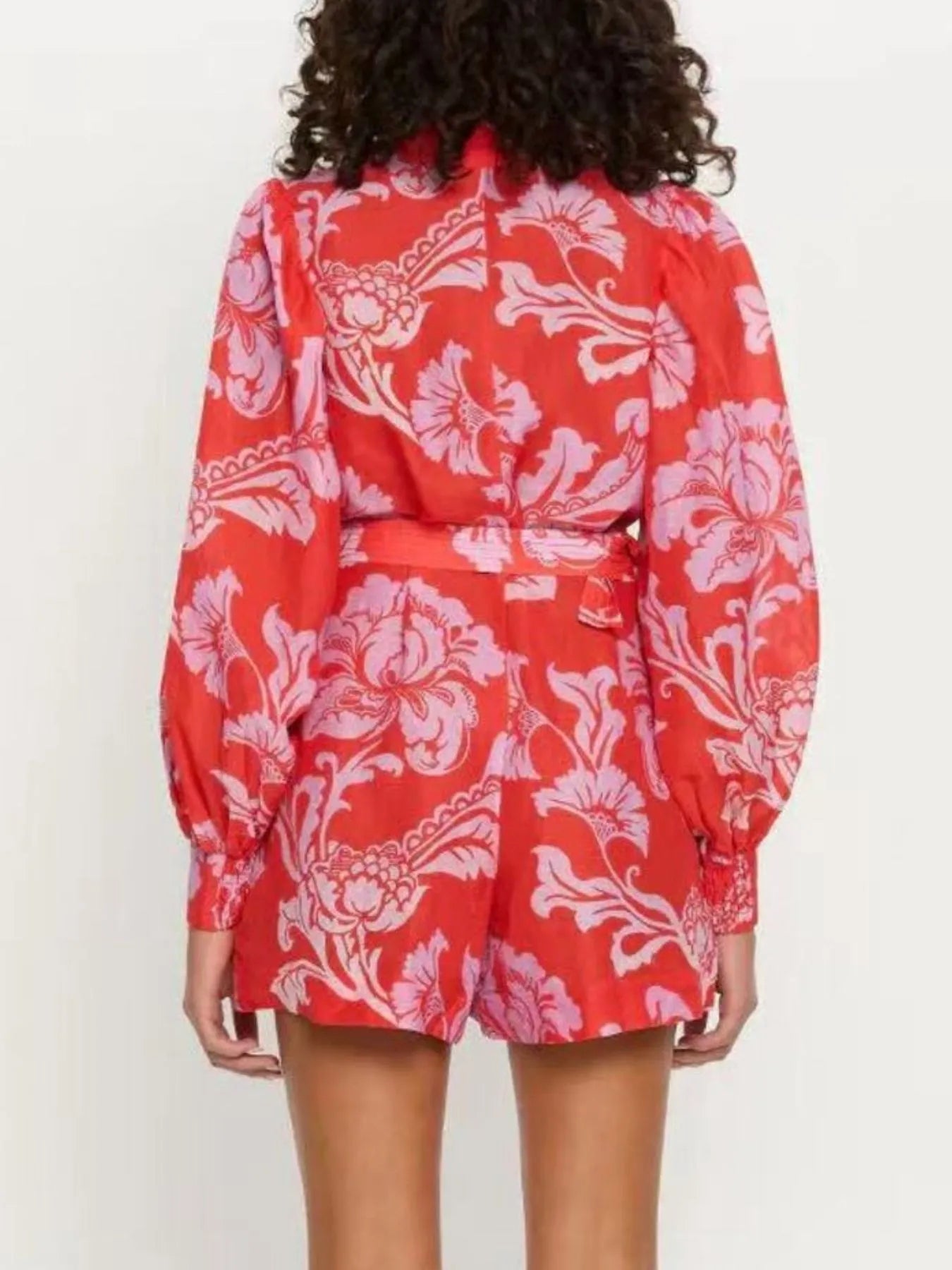 Printed Long Sleeve Belted Romper nicholesgifts