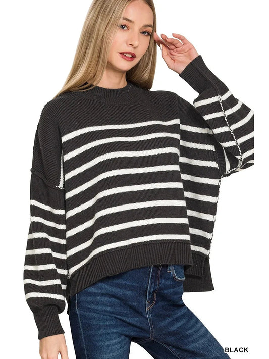 Zenana Exposed Seam Striped Oversized Sweater NicholesGifts