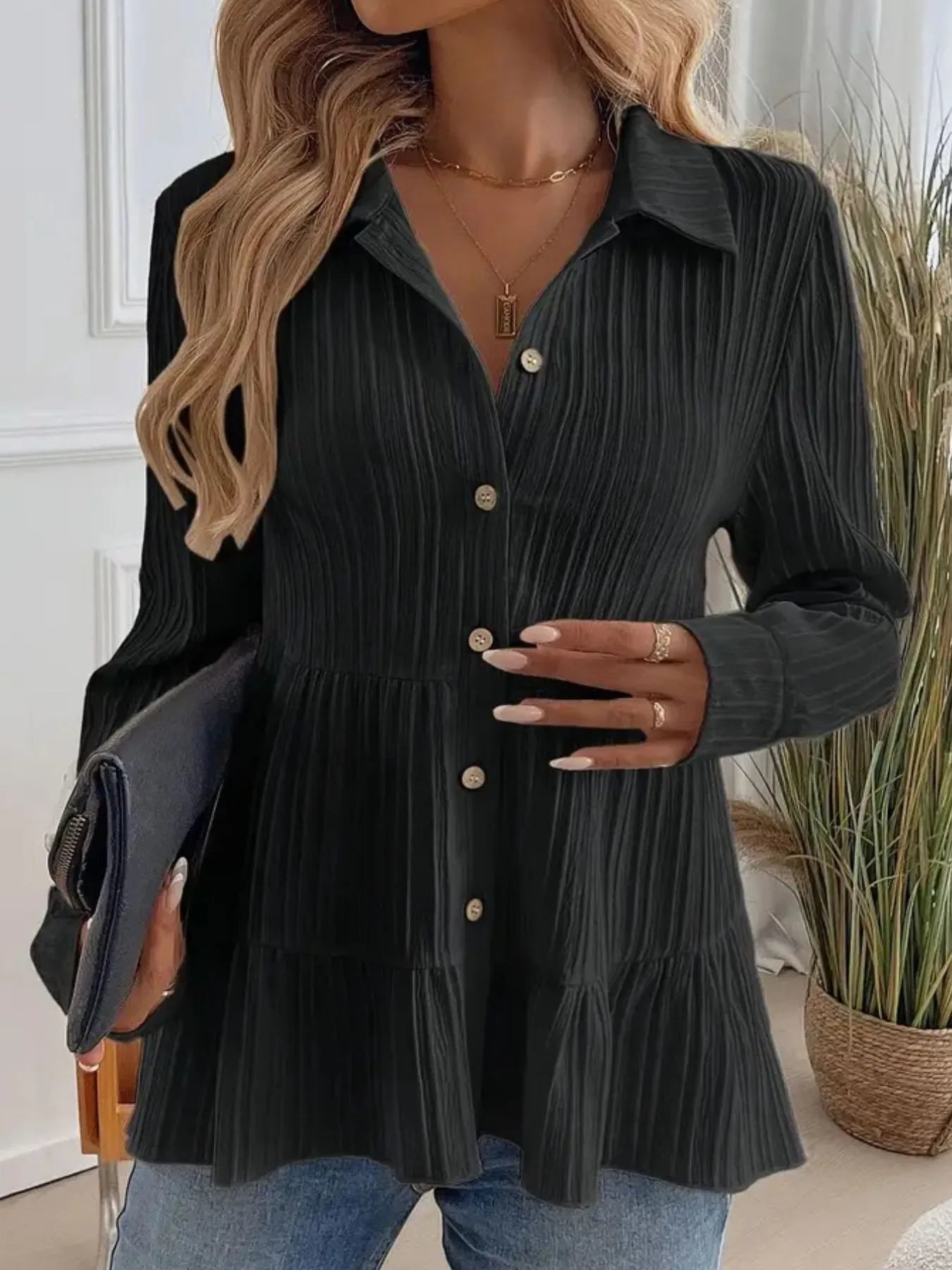 Women Striped Button-Down Tiered Shirt