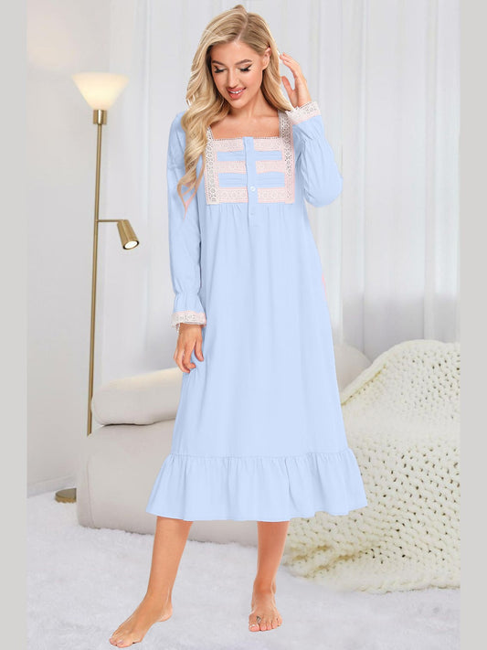 Lace Detail Square Neck Flounce Sleeve Night Dress nicholesgifts