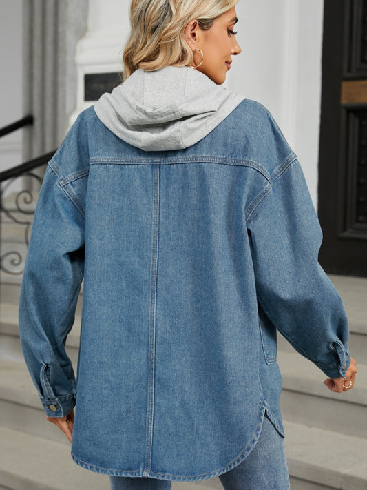 Women Removable Hood Button Up Long Sleeve Denim Jacket nicholesgifts