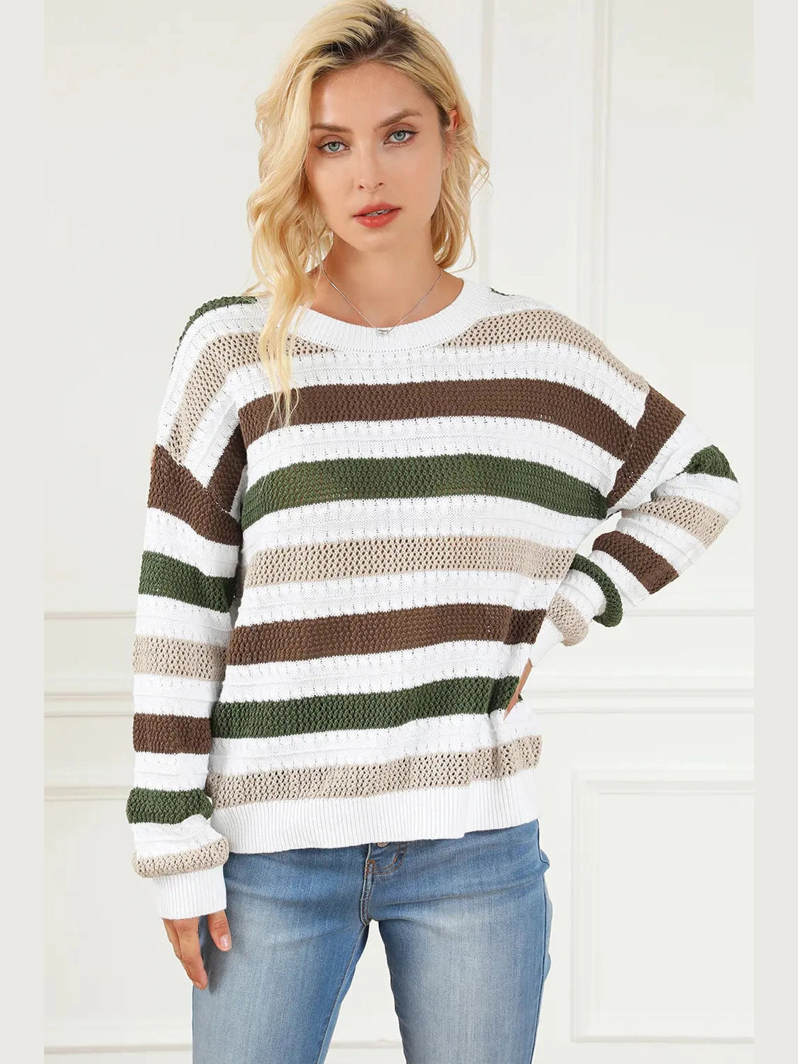 Striped Openwork Dropped Shoulder Sweater Trendsi