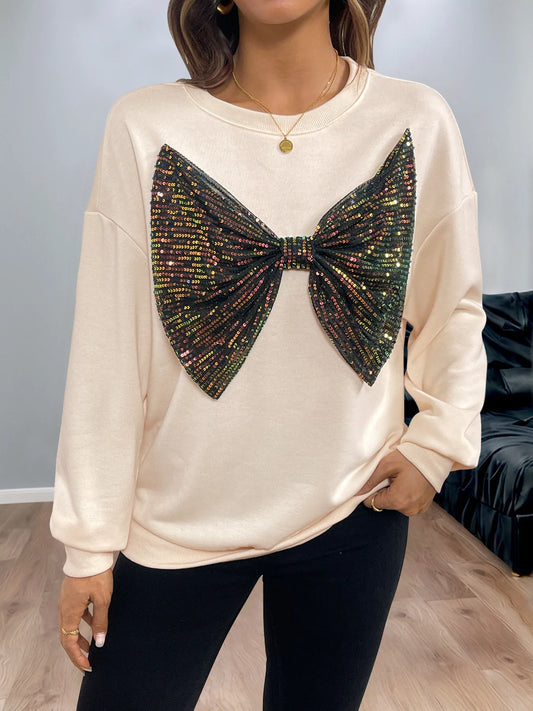 Sequined Bow Round Neck Sweatshirt NicholesGifts