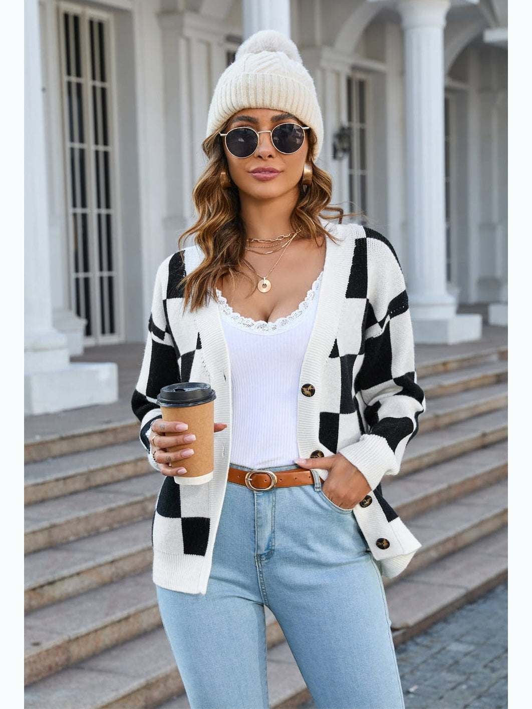 NicholesGifts Women Button-Up V-Neck Dropped Shoulder Cardigan