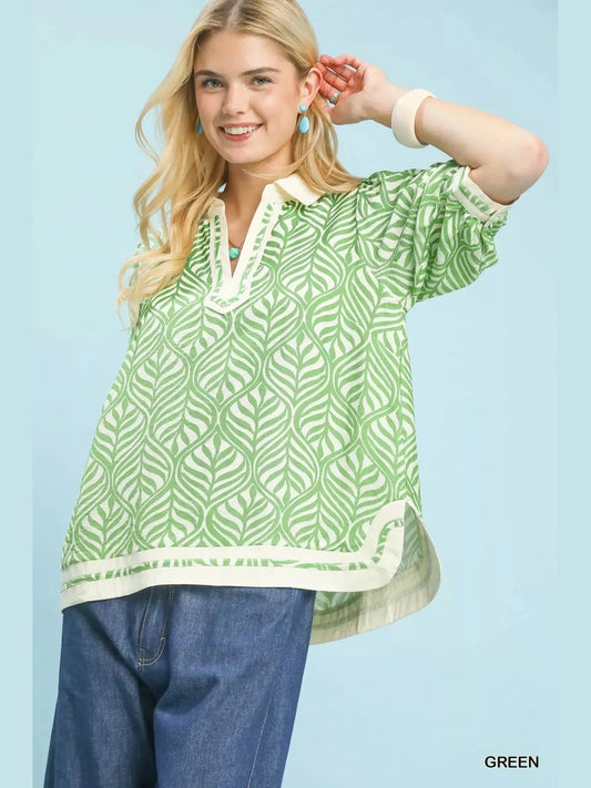 Umgee Geometric Leaf Print Popover Top nicholesgifts