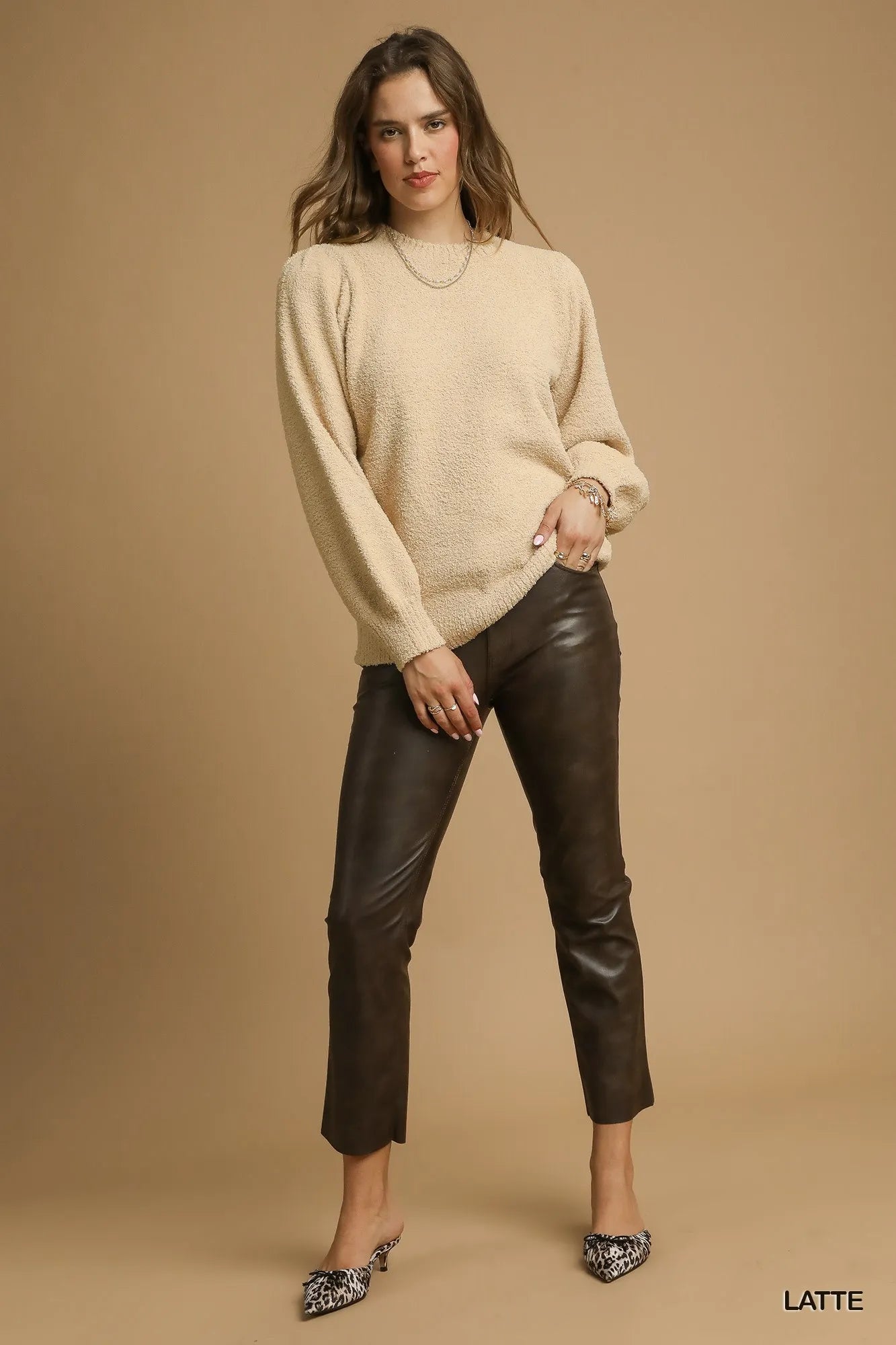 Umgee Textured Long Sleeve Sweater with Ribbed Trim
