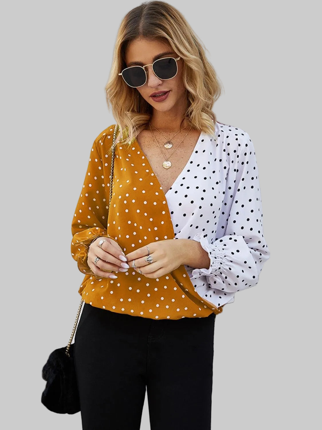 Ivy Lane Polka Dot Surplice Neck Lantern Sleeve Blouse nicholesgifts