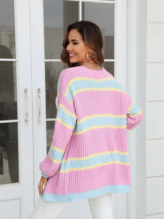 Women Color Block Ribbed Dropped Shoulder Open Front Cardigan