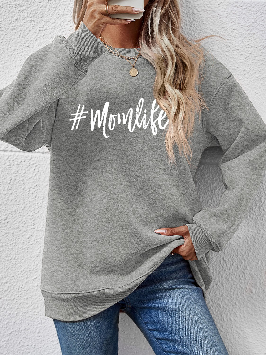NicholesGifts Women Letter Graphic Mom Life Round Neck Sweatshirt NicholesGifts